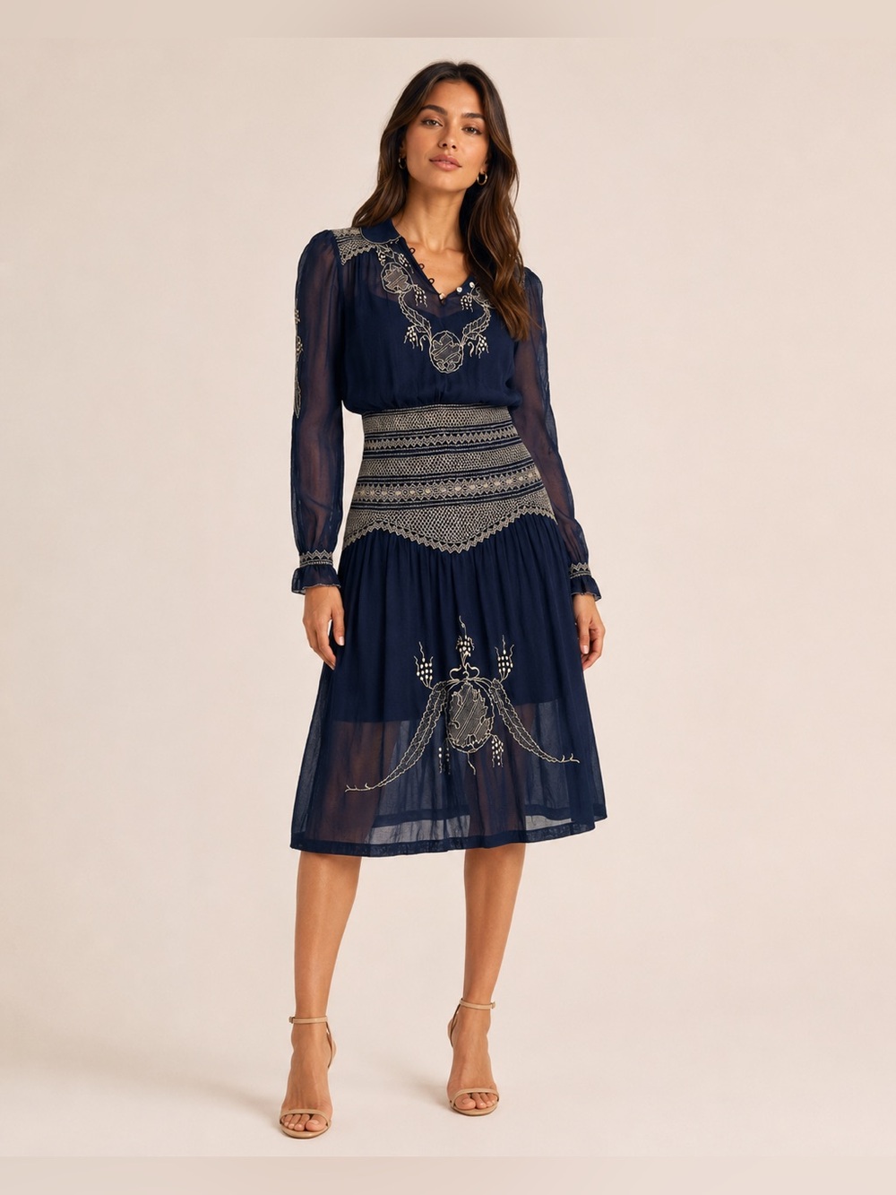 Antique 1920s 1930s Hungarian Hand Embroidered Smocked Sheer Navy Folk Dress S M